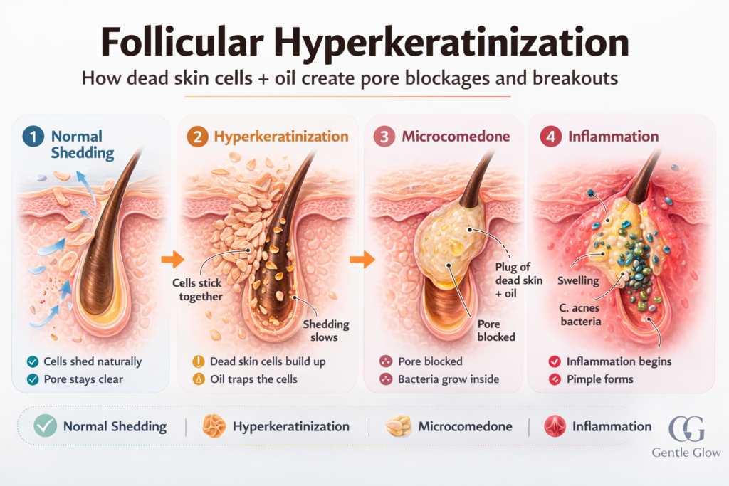 diagram of follicular hyperkeratinization showing how dead skin cells and oil form a microcomedone and lead to acne inflammation