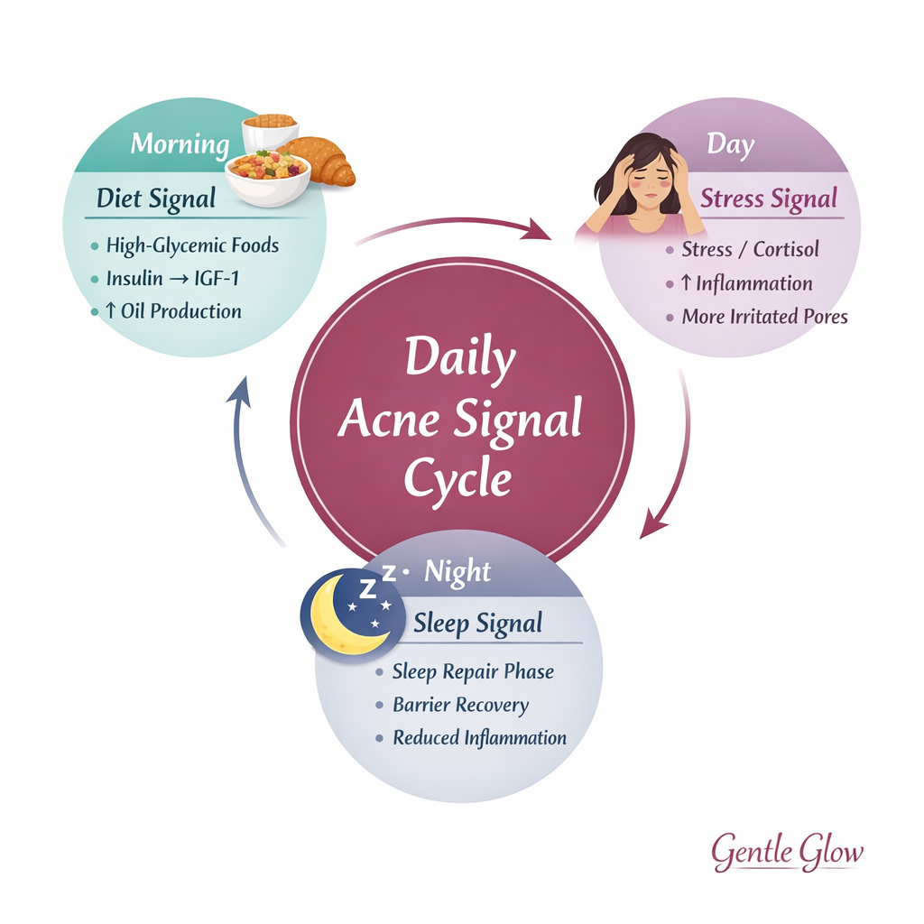 24-hour acne formation cycle showing how diet, stress, and sleep influence oil production and breakouts in oily acne-prone skin