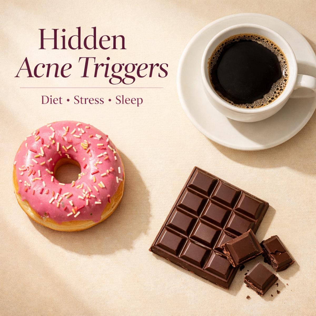 editorial flat lay of donut coffee and chocolate representing lifestyle habits that cause acne including diet and daily triggers