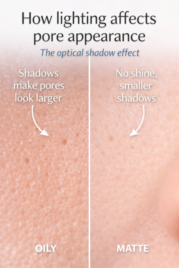Close-up comparison showing how pores actually work and appear larger on oily skin due to the optical shadow effect