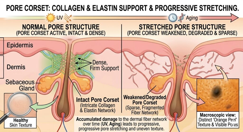 Diagram showing how pores actually work with strong collagen support versus weakened structure causing enlarged pores and orange peel skin texture