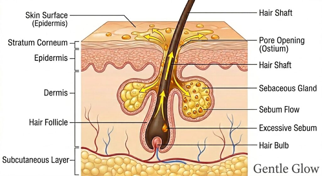Pore structure diagram showing hair follicle, sebaceous gland, and sebum flow in oily skin