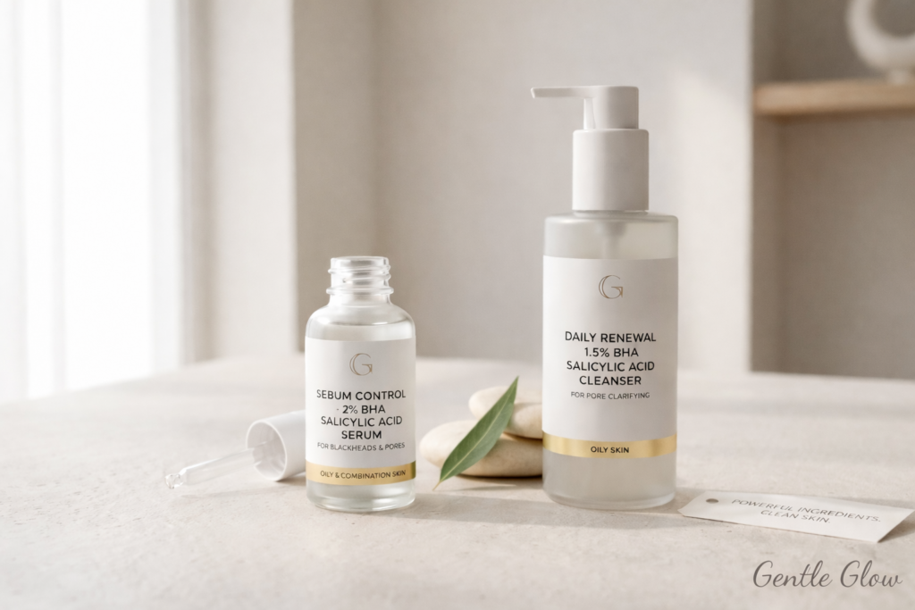 Salicylic acid products for blackheads including serum and cleanser for oily acne-prone skin