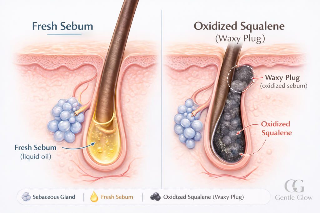 medical illustration comparing fresh sebum and oxidized squalene forming a waxy plug inside a hair follicle
