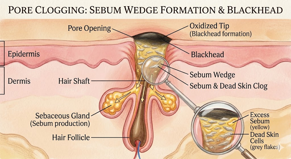 Cross-section diagram showing how pores actually work with sebum buildup, dead skin cells, and blackhead formation inside a clogged pore