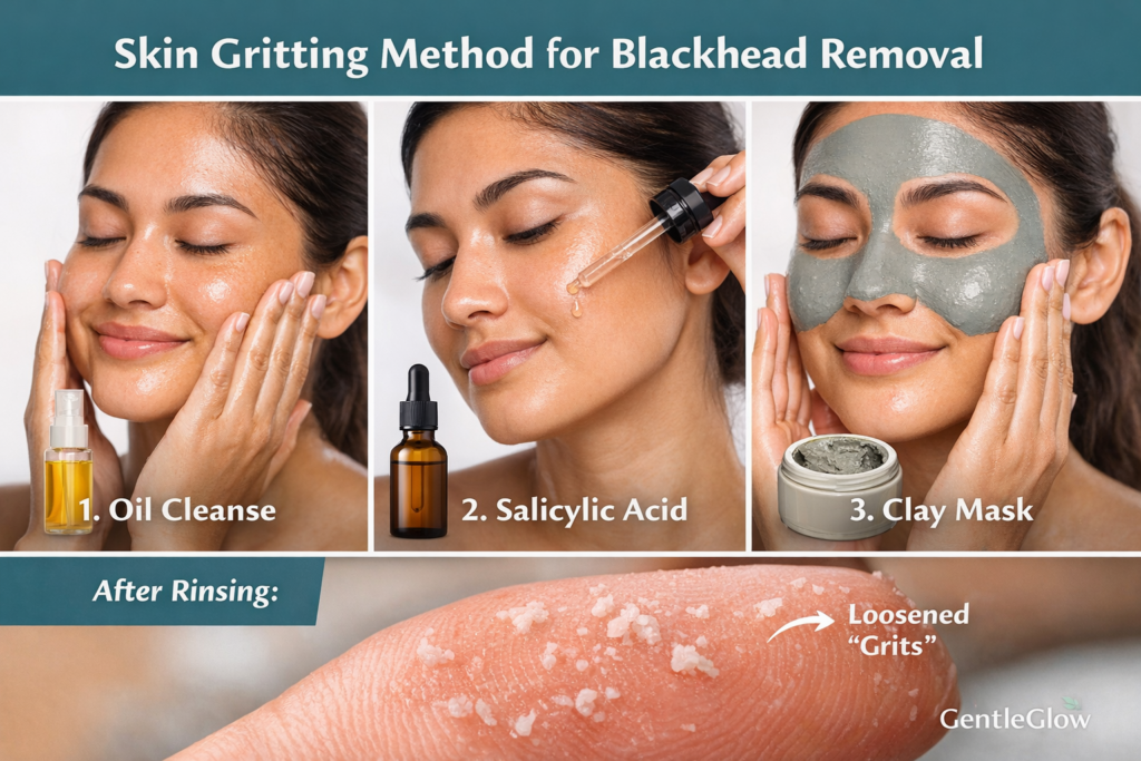 Step-by-step skin gritting method for blackhead removal using salicylic acid, oil cleansing, and clay mask
