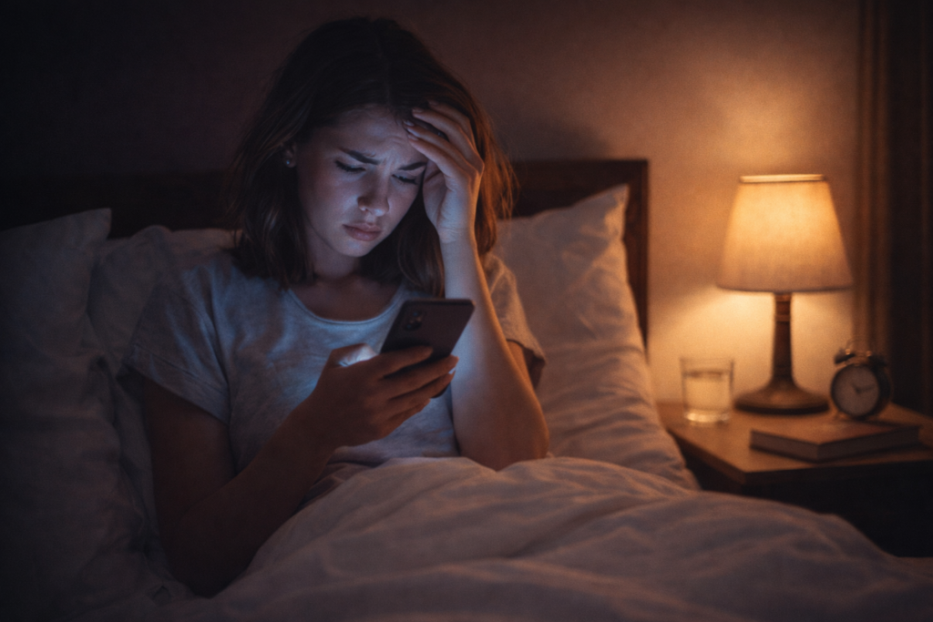 woman using phone at night in bed showing how poor sleep and blue light exposure can affect skin repair and contribute to acne