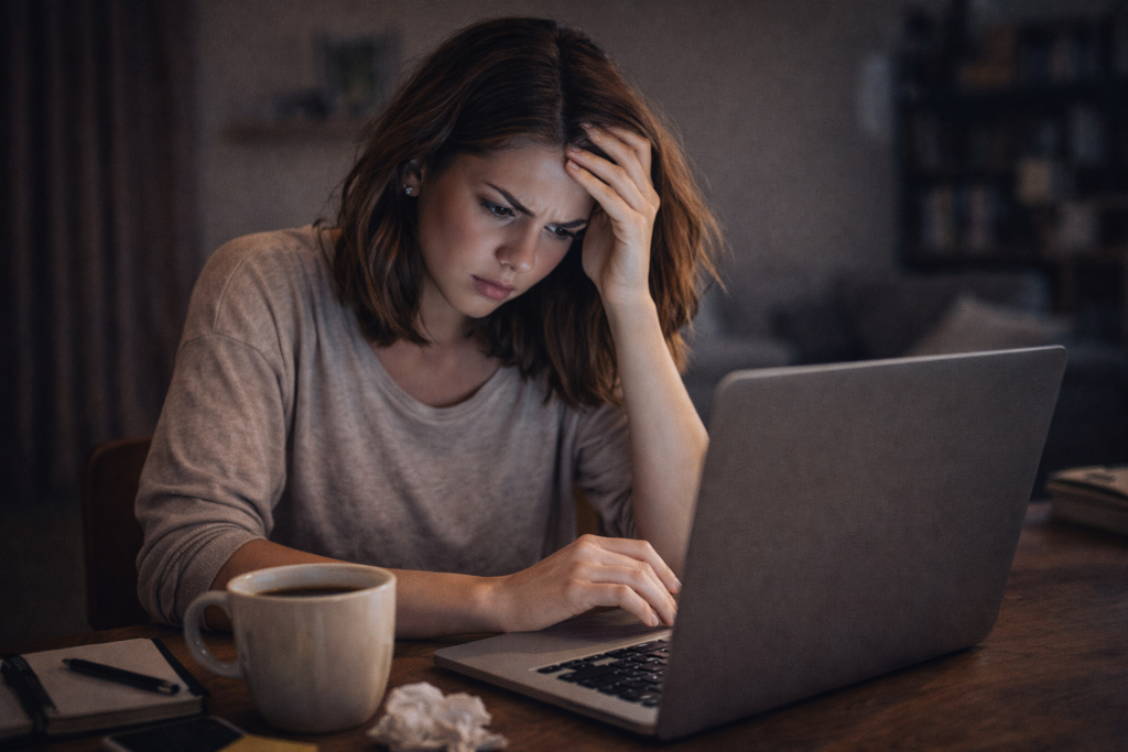 woman stressed working on laptop with coffee showing how stress and cortisol increase oil production and contribute to acne