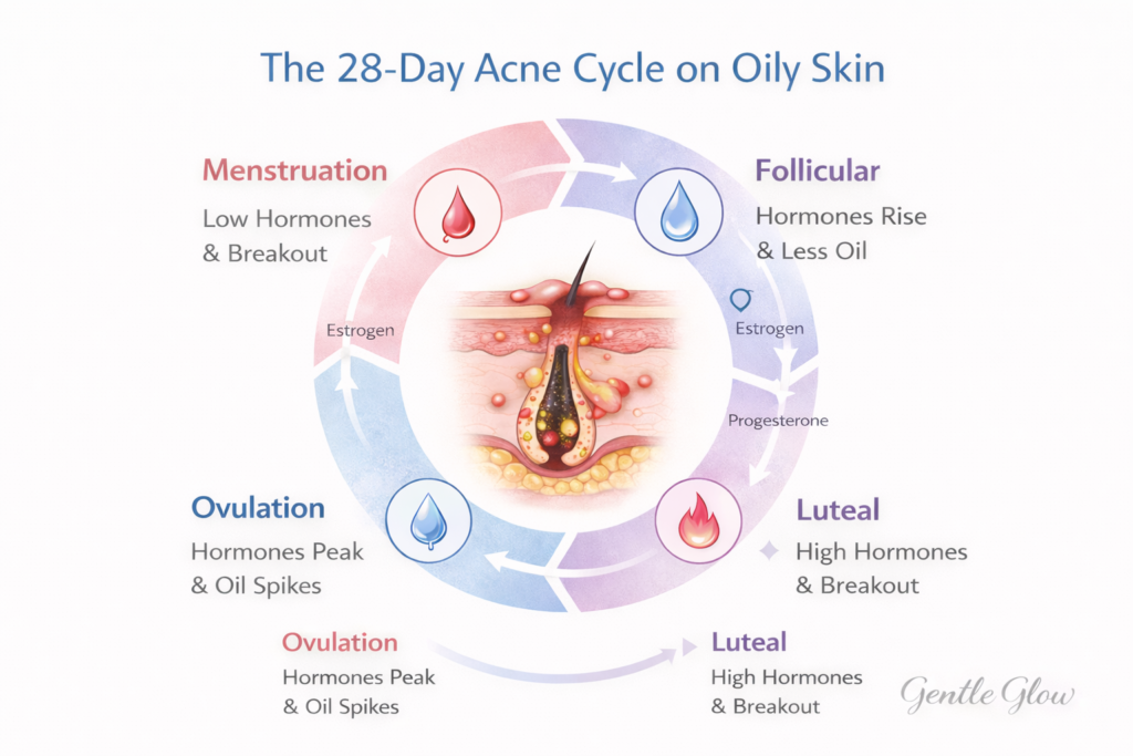 28-day hormonal acne cycle on oily skin showing follicular, ovulation, luteal, and menstrual phases and how oil changes