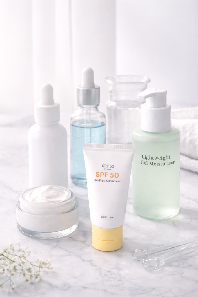 Best products for oily skin with sunscreen, serum, and gel moisturizer arranged on a clean minimal surface