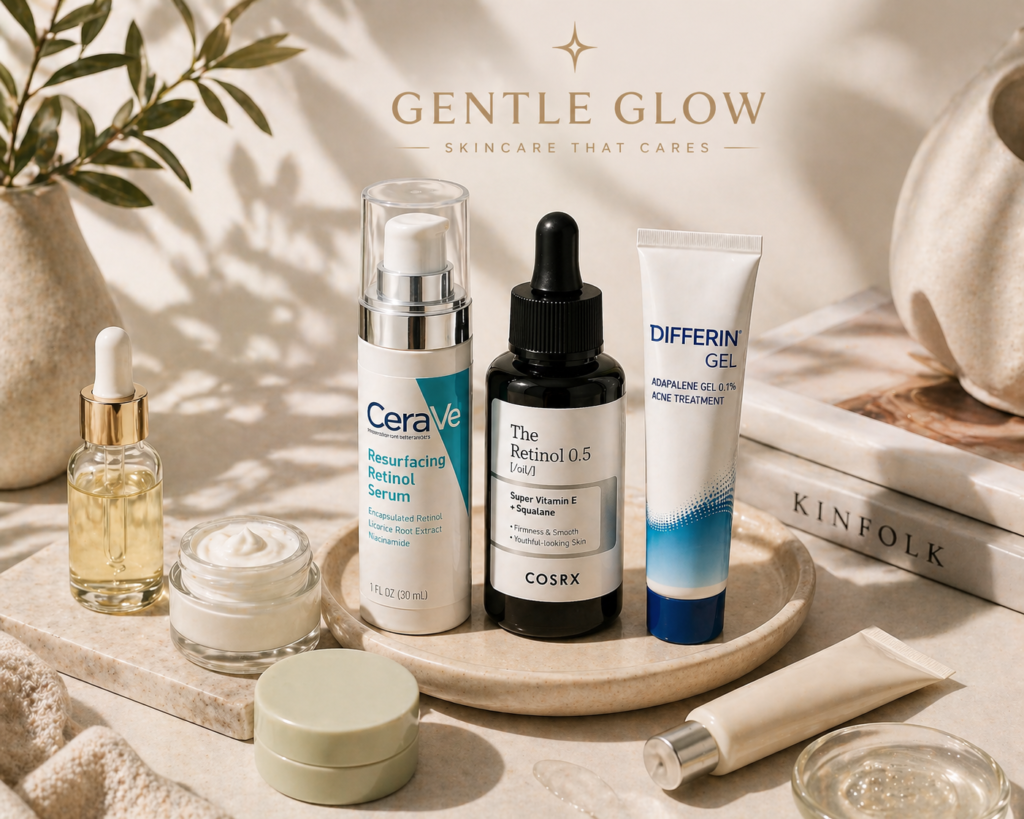 Best retinol products for oily and acne-prone skin shown in an editorial flat lay with CeraVe, COSRX, and Differin