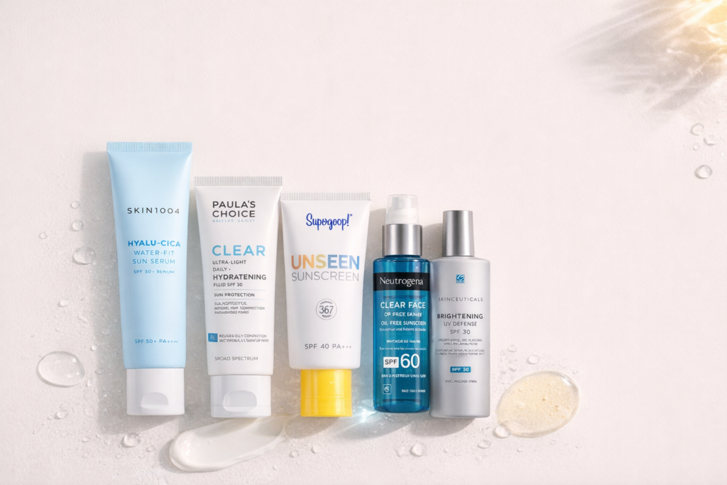 Non-comedogenic sunscreens for oily and acne-prone skin displayed on a clean white background with lightweight textures