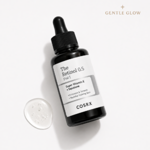 COSRX Retinol 0.5 Oil Serum for oily and acne-prone skin shown in a minimalist flat lay