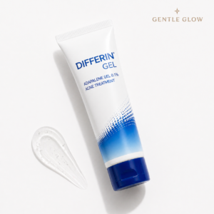 Differin Gel adapalene 0.1% acne treatment for oily and acne-prone skin shown in a minimalist flat lay