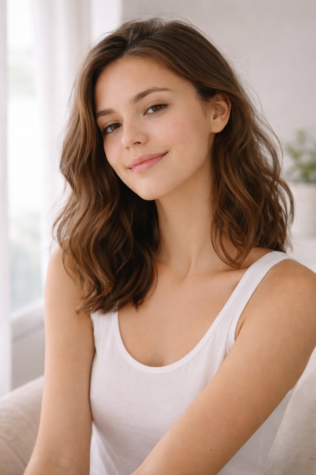 Smiling woman with natural glowing skin in soft light, representing skincare confidence and a clear complexion
