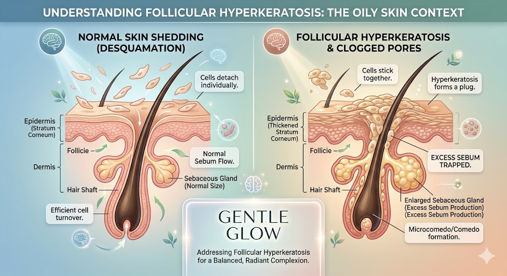 follicular hyperkeratosis oily skin clogged pores diagram showing sticky cells vs normal shedding