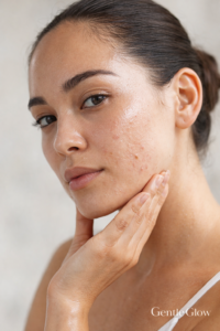 Hormonal acne on oily skin showing jawline breakouts and excess shine in natural lighting
