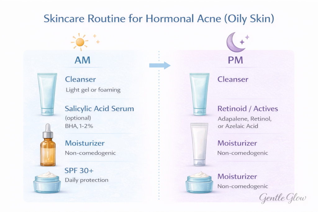 Morning and night skincare routine for hormonal acne on oily skin showing cleanser, treatment, moisturizer, and SPF steps