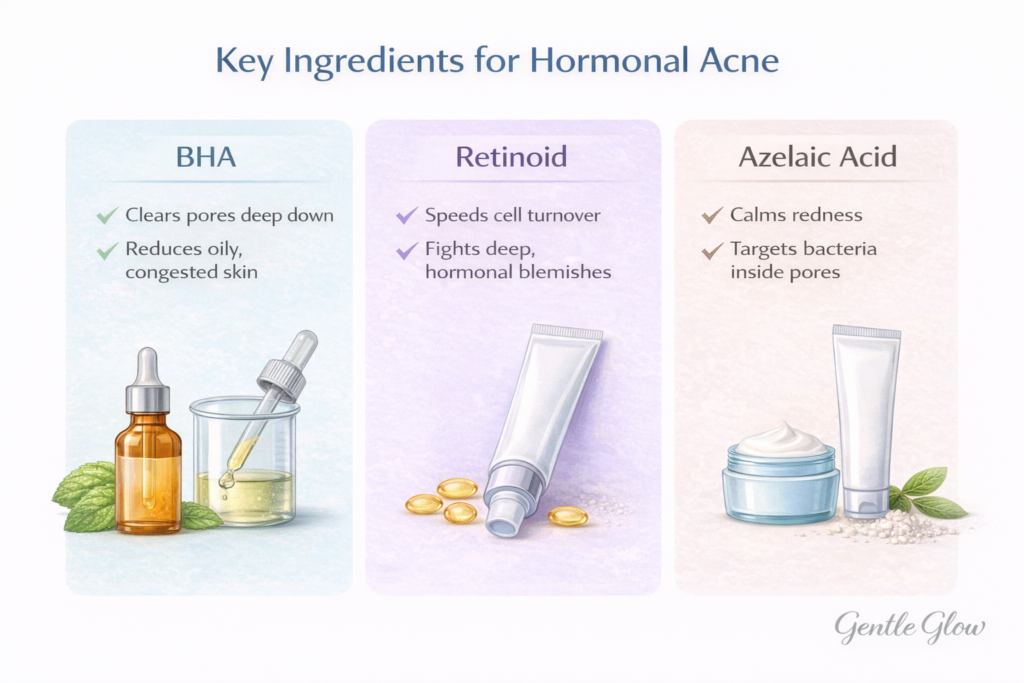 Key ingredients for hormonal acne on oily skin including salicylic acid (BHA), retinoids, and azelaic acid and how they work