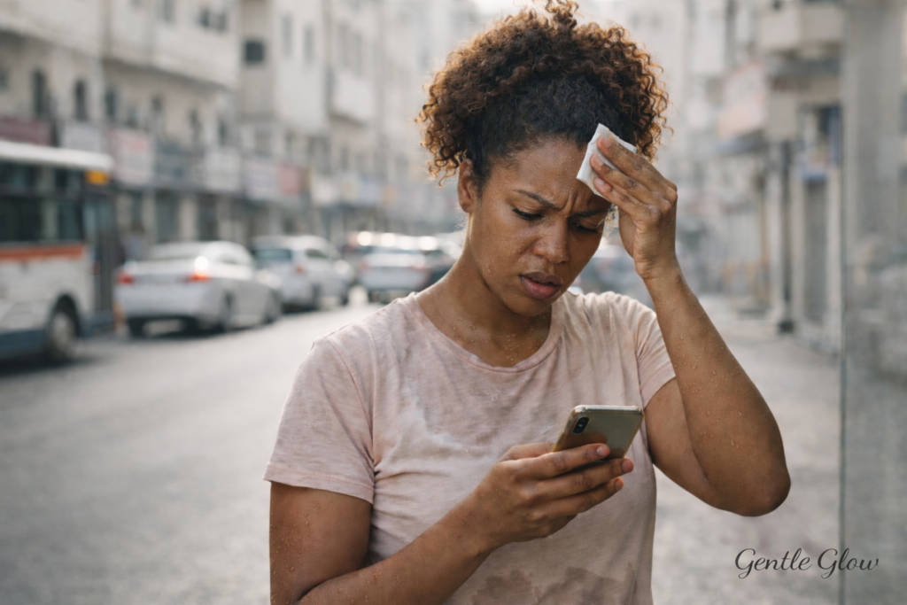 Woman sweating in heat and looking stressed showing how sweat, humidity, and stress can trigger hormonal acne on oily skin