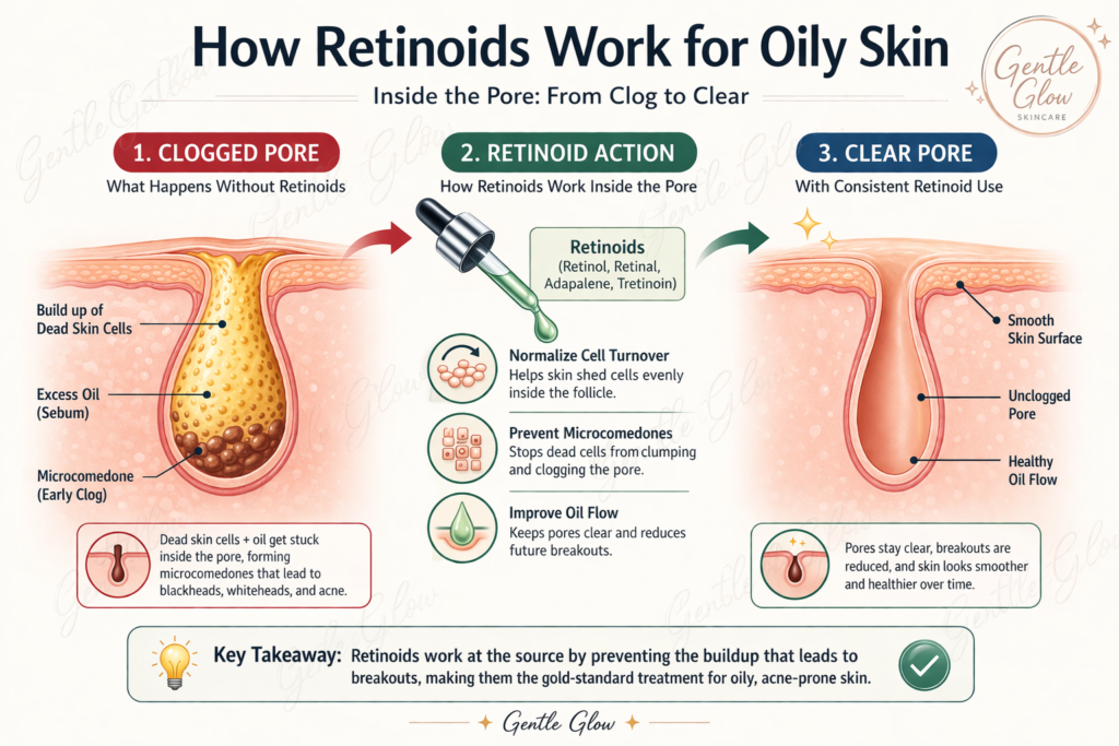 how retinoids for oily skin work inside pores and prevent clogged pores by reducing microcomedones