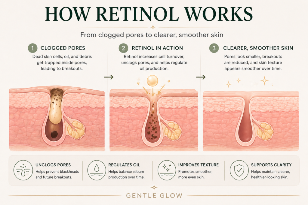 Infographic showing how retinol works on oily and acne-prone skin by clearing clogged pores, increasing skin turnover, and improving texture