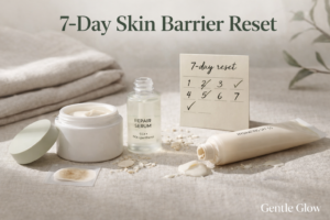 how to fix a damaged skin barrier 7 day reset routine showing skincare products for oily acne prone skin
