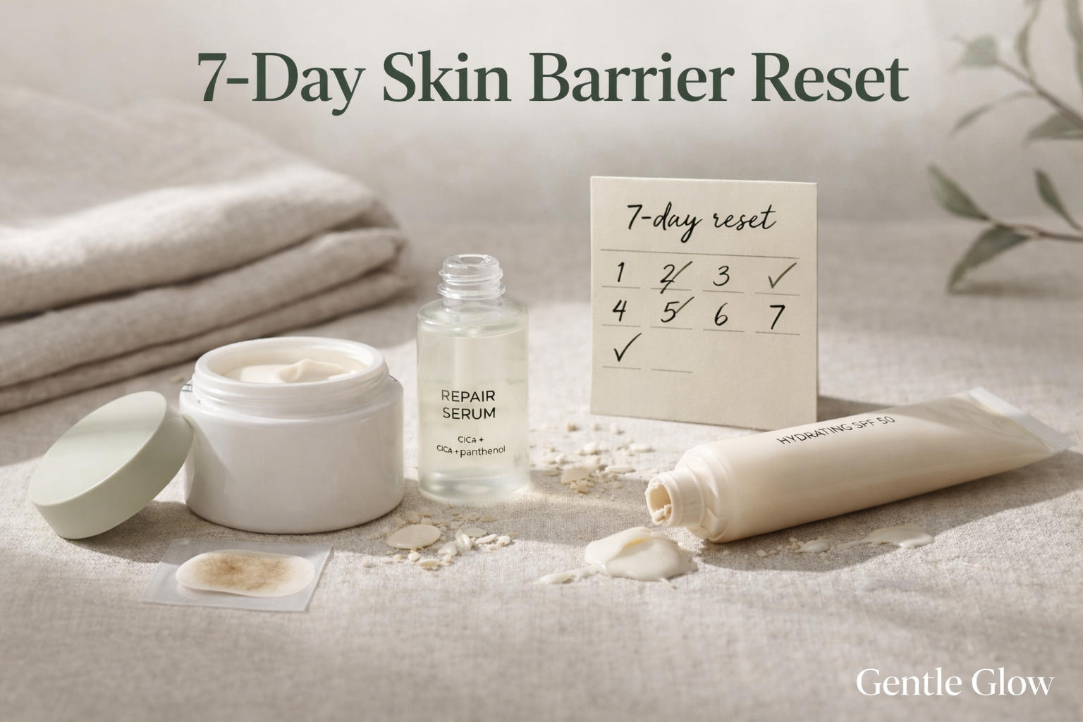 how to fix a damaged skin barrier 7 day reset routine showing skincare products for oily acne prone skin