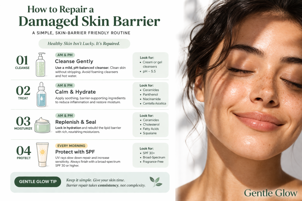 a damaged skin barrier routine for oily skin showing cleanser moisturizer SPF and lipid repair steps