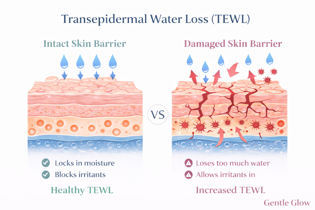 how to fix a damaged skin barrier diagram showing transepidermal water loss TEWL in oily skin with intact vs damaged barrier