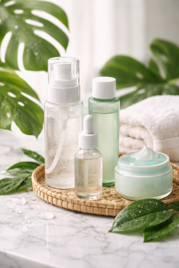 Minimal skincare products for oily skin including serum, dropper bottle, and lightweight moisturizer on a clean marble surface