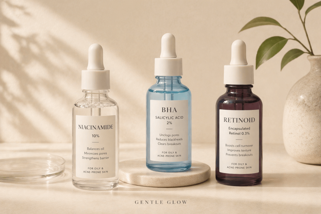 niacinamide bha retinoids skincare bottles for oily acne-prone skin routine comparison