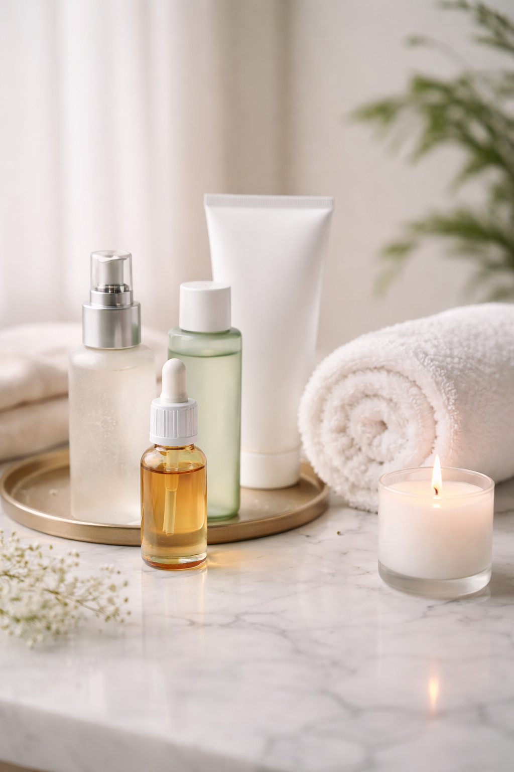Night skincare routine setup for oily and acne-prone skin with serum, cleanser, towel, and candle in a soft editorial setting