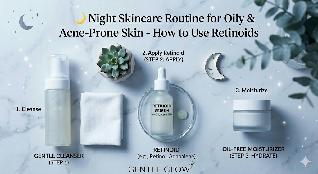 night routine using retinoids for oily acne prone skin showing steps cleanser retinol moisturizer