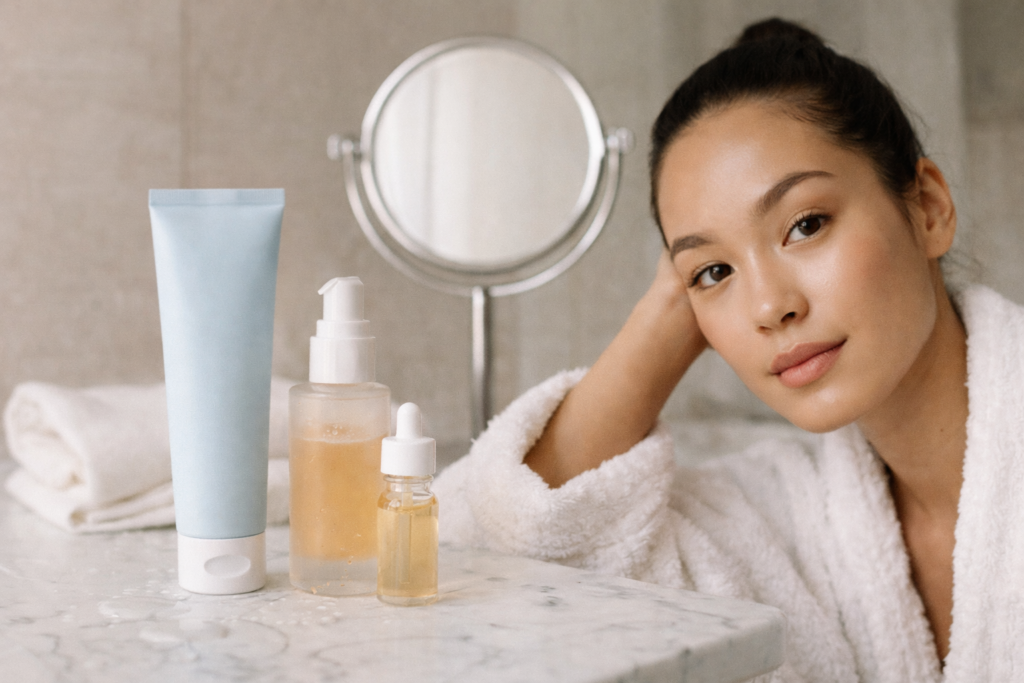 Editorial skincare scene for oily and acne-prone skin with lightweight products and balanced, clear-looking skin