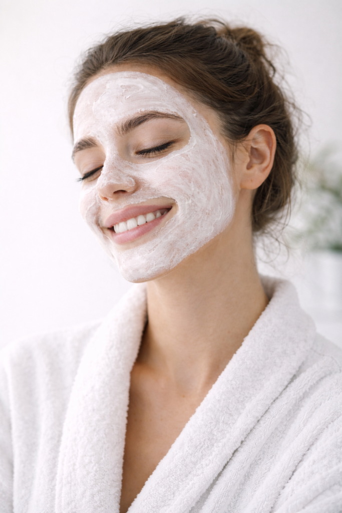 Woman smiling with a facial mask in a soft, clean setting representing a skincare routine for oily skin