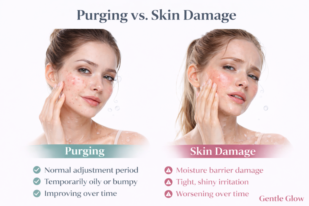 a damaged skin barrier vs purging comparison showing oily skin breakouts vs barrier damage irritation
