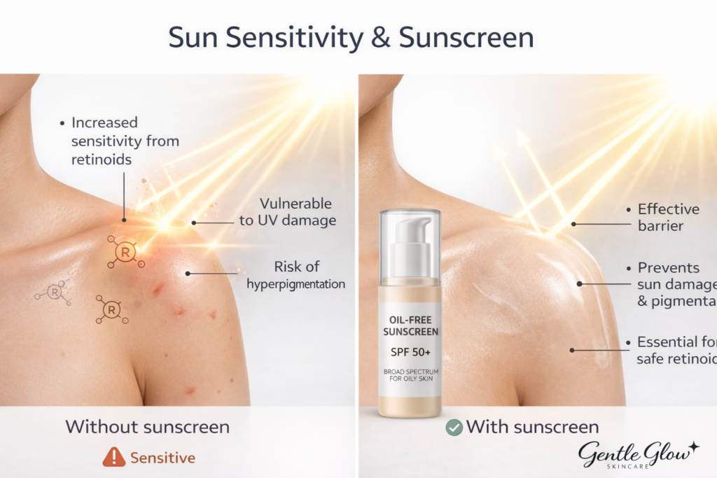 retinoids sun sensitivity and sunscreen for oily skin protection showing without sunscreen vs with sunscreen comparison