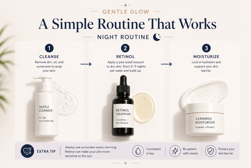 Retinol night routine for oily and acne-prone skin showing cleanse, retinol, and moisturize steps