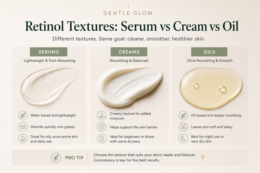 Comparison of retinol textures showing serum, cream, and oil formulas for oily and acne-prone skin