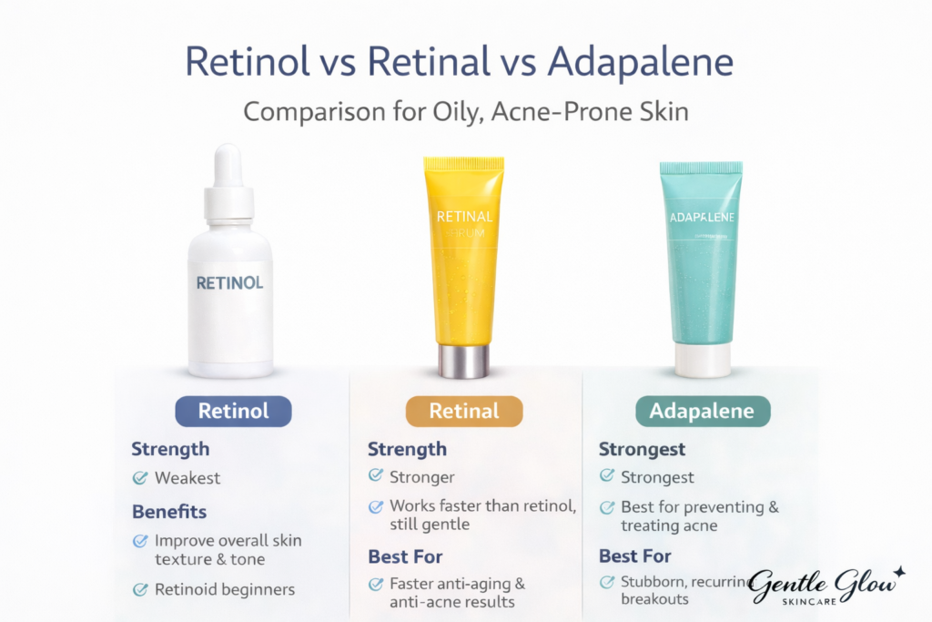 retinol vs retinal vs adapalene comparison for oily acne prone skin showing strength and benefits
