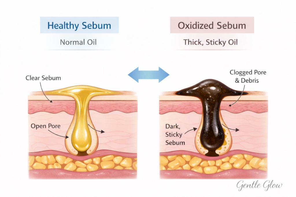 Squalene oxidation in oily acne-prone skin showing normal sebum vs thick sticky oxidized oil inside the pore
