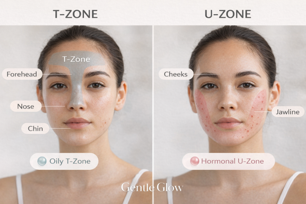 T-zone vs U-zone acne distribution showing oily forehead and hormonal jawline breakouts