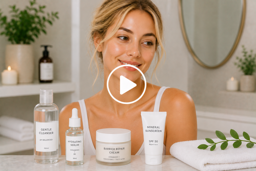 Smiling woman with healthy skin beside barrier repair skincare products and a video play button overlay