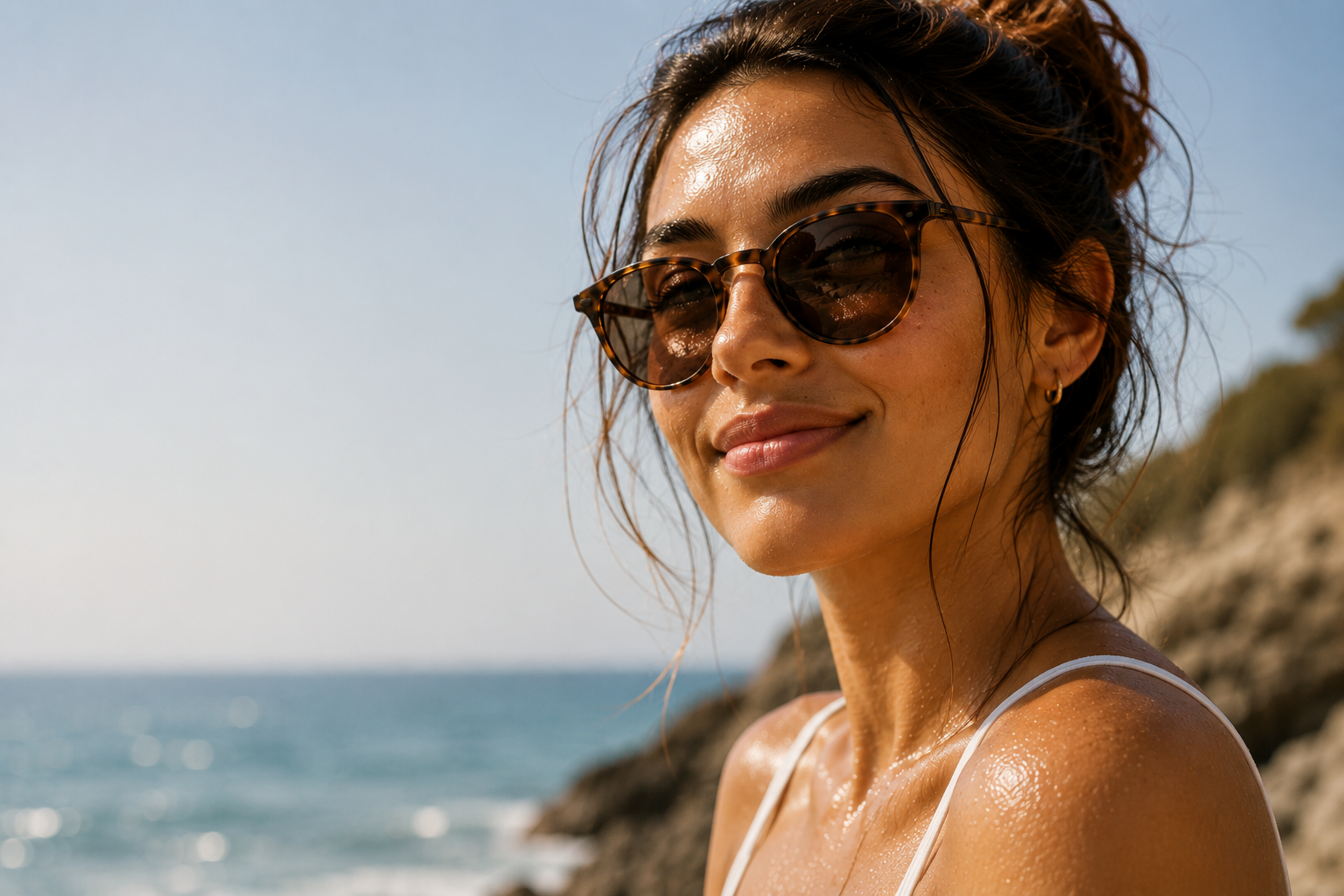 Editorial summer skincare hero image showing a woman with slightly dewy oily skin wearing sunglasses at the beach, used for a guide about sunscreen pilling on oily skin in summer.