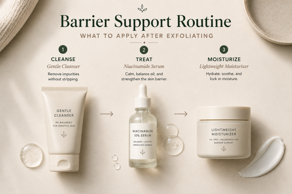 Barrier-support skincare routine after exfoliating oily and acne-prone skin featuring a gentle cleanser, niacinamide serum, and lightweight moisturizer by Gentle Glow.