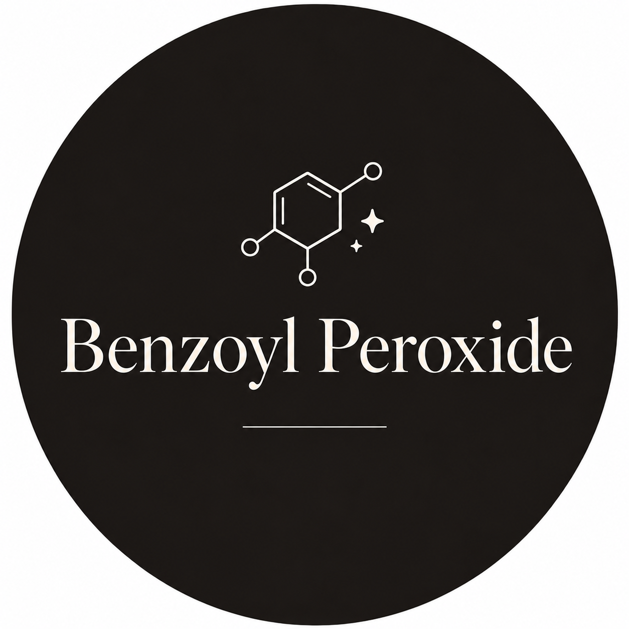 Minimal dark circular skincare ingredient graphic featuring the words Benzoyl Peroxide with a simple molecular icon in an elegant editorial style.