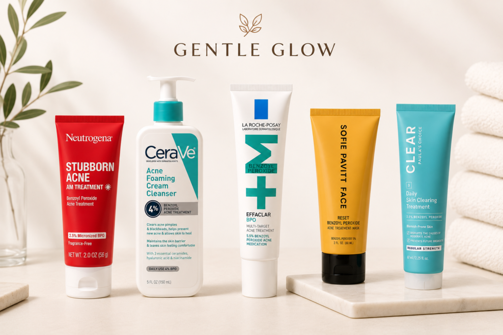 Best benzoyl peroxide products for oily and acne-prone skin featuring Neutrogena, CeraVe, La Roche-Posay, Sofie Pavitt, and Paula’s Choice in an editorial skincare flat lay.