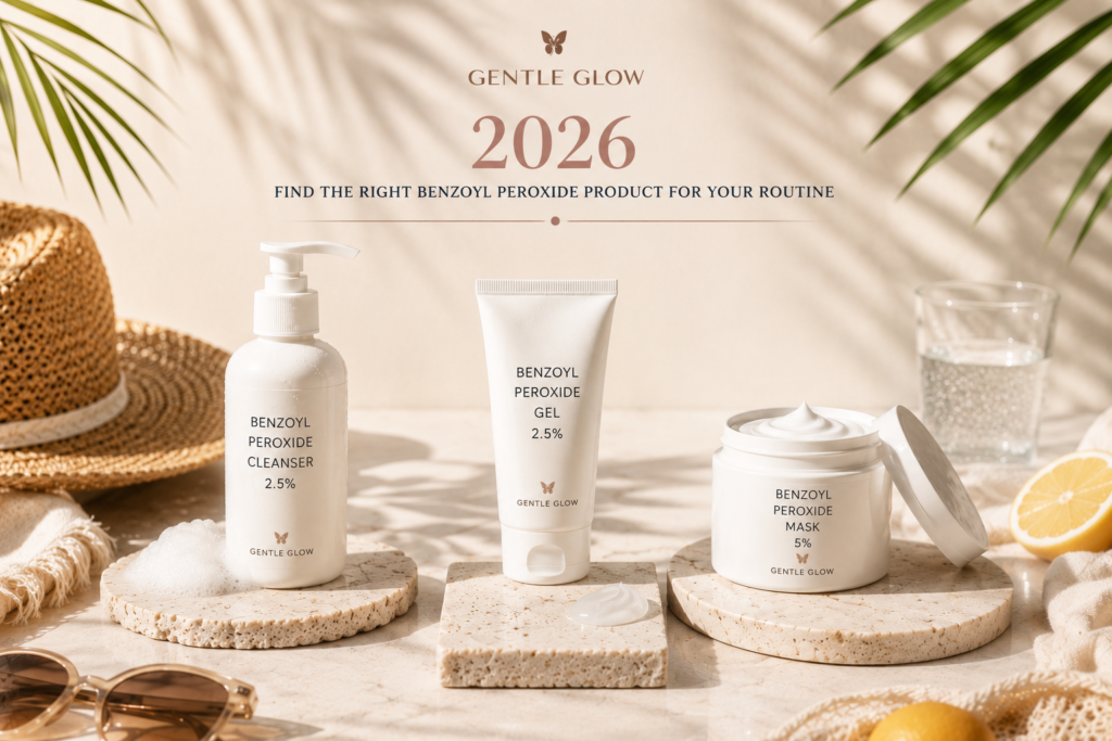 Best benzoyl peroxide products for oily and acne-prone skin featuring cleanser, gel, and mask in a summer-inspired editorial skincare layout by Gentle Glow.
