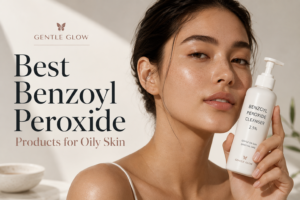 Editorial skincare cover image featuring a woman holding a benzoyl peroxide cleanser bottle for oily and acne-prone skin with Gentle Glow branding.